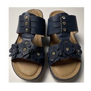 Atalina Navy Floral Slip-On Wedge Sandals Women's Flower Rhinestone Size 6